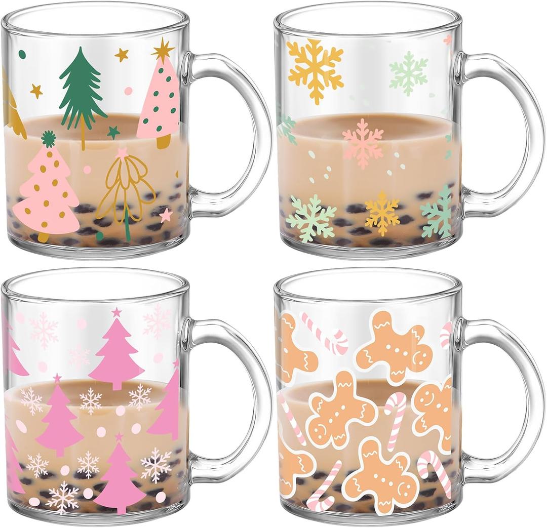Tioncy 4 Pcs Christmas Coffee Mugs 12 oz Christmas Glass Cups with Handle Xmas Tree Gingerbread Snowflakes Coffee Cup Sweet Xmas Gifts Drinking Containers for Holiday Party