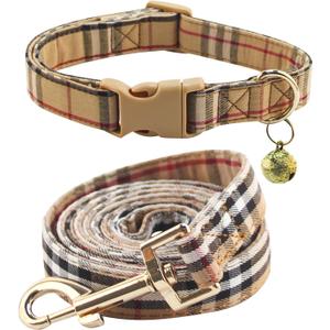 Cute Plaid Dog Collar Harness and Leash with Safety Buckle - Adjustable and No Pull Comfortable Dog Collars for Small Puppy, Stylish Durable Gift for Boy Girl Pets (beige-02)