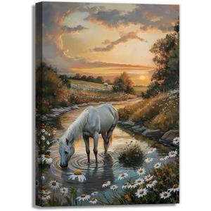 White Horse Canvas Wall Art Abstract Animal Picture Print Vintage Farmhouse Art Poster Retro Forest Landscape Painting Framed Artwork For Bedroom Living Room Home Decor(Artwork-4,16"x24")