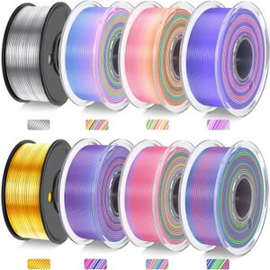 JAYO 3D Printer Filament Bundle, PLA Silk Filament Bundle Multicolor, Shiny Silk PLA Filament 1.75mm, Fast Color Change Rainbow Filament, Individually Vacuum Packed, 250g Spool, 8 Rolls, 2kg in Total