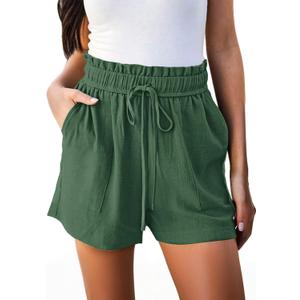 Hody Lovy High Waisted Linen Shorts for Women with Pockets Beach Vacation Resort Wear Casual Summer Lounge (Green, L)