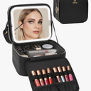 Relavel Makeup Bag with LED Mirror, Travel Makeup Case with Rechargeable Lighted Mirror 3 Color Lights, Dual Layer Cosmetic Box Makeup Brush Lipstick Holder Organizer for Women, Leather Black