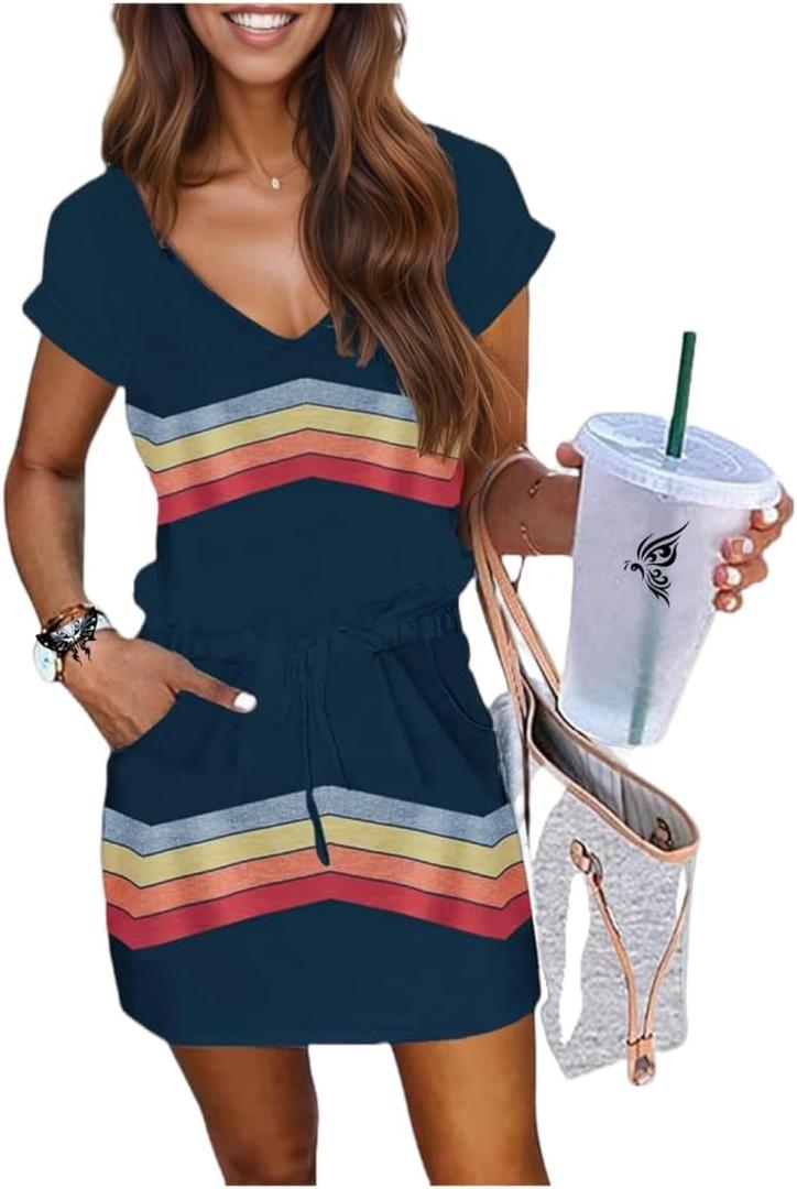 Women's Summer A-Line Mini Dress with Lantern Sleeves Square Neck Tie Front Double Layer Hem Casual Party Dress (M)