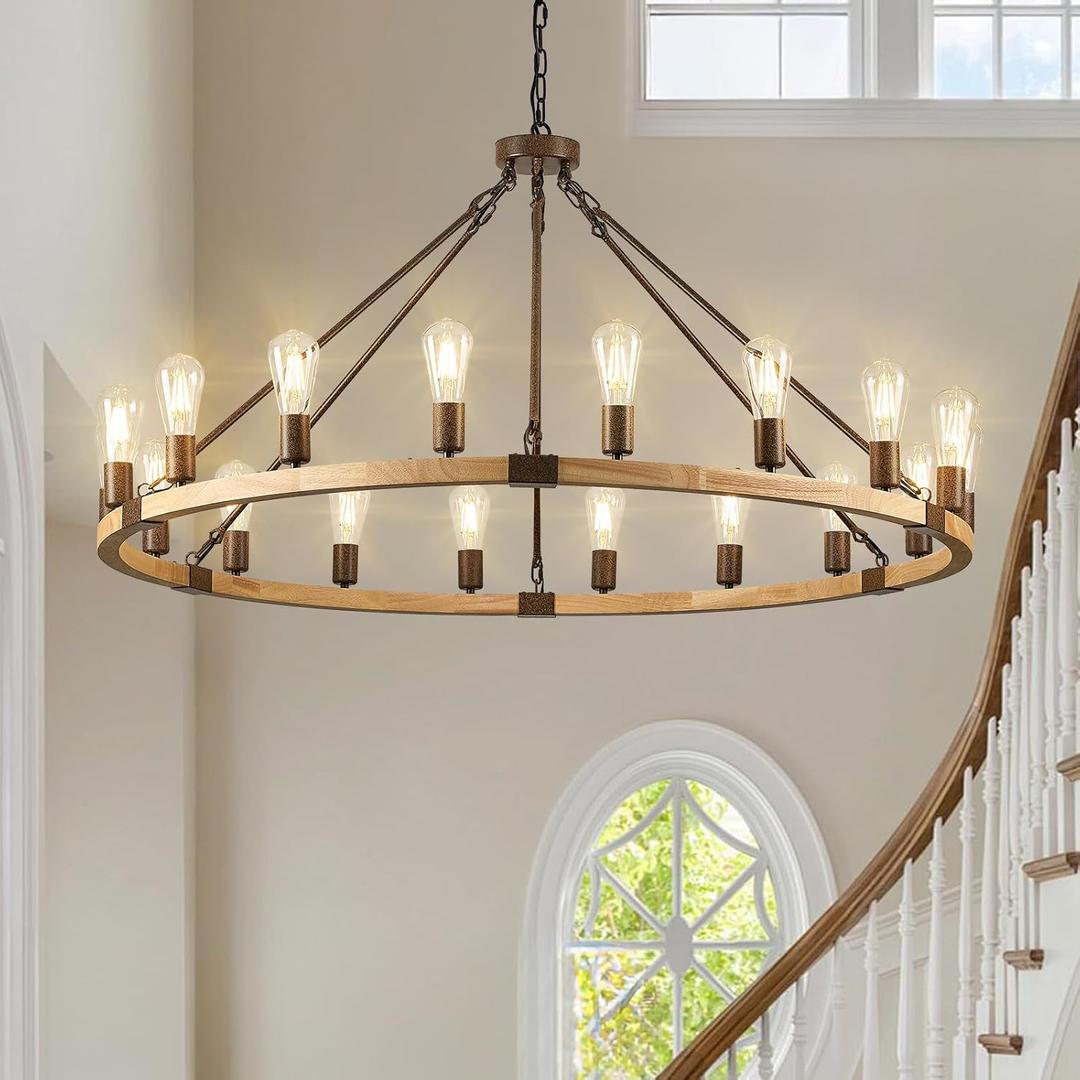 Farmhouse Wagon Wheel Chandelier 47" Wooden Rustic Light Fixtures 18-Light Wood Round Chandelier for Foyer Living Room Entryway Dining Room (Natural)