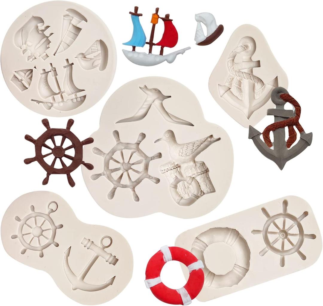 Anchor and Rudder Fondant Moulds (5 Pcs), Seagull Sailing Boat Hook Cake Decoration Silicone Mold, Used for Cupcake Decoration, Sugar Craft Glue, Chocolate, DIY Polymer Clay Molds for Children