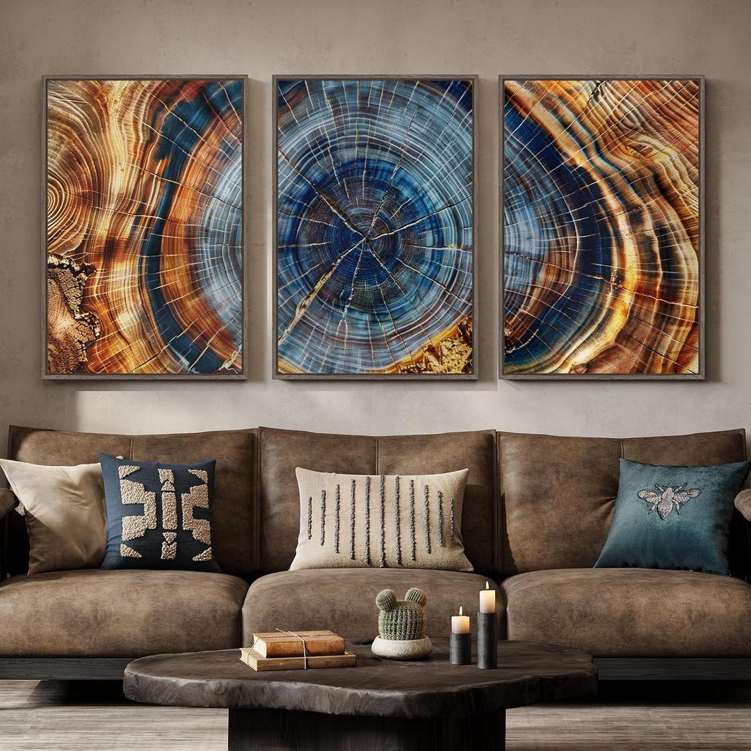 3 Piece Large Framed Colorful Tree Ring Wall Art for Living Room, Vintage Farmhouse Wood Stump Canvas Artwork for Walls, Abstract Rustic Nature Blue Brown Painting Print for Bedroom Hallway 24x36 Inch