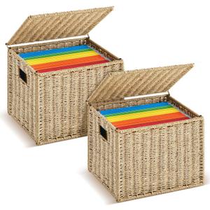 Jingmore 2 Pack Paper Rope File Box Organizers Collapsible Letter Size Filing Cabinet with Lid Woven Hanging File Basket Portable Decorative Document Storage Box for Office/Decor/Home (Letter Size)