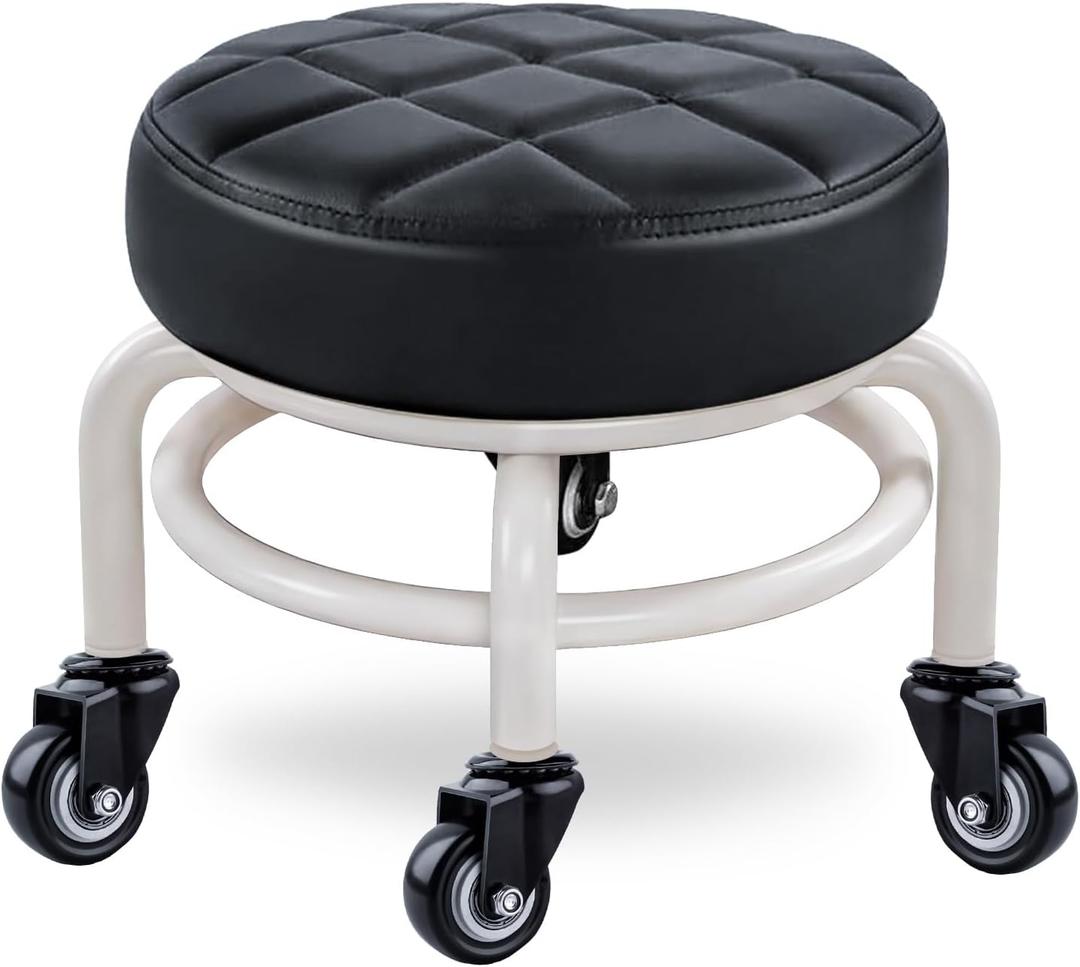 Black Low Rolling Stool with 360Swivel Caster,PU Leather Rolling Stool Heavy-Duty and Sturdy,Modern Rolling Chair for Home Office Garage Shop (Upgrade Edition Black)