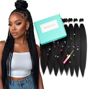 Pre Stretched Braiding Hair 20 Inch 8 Packs Long Black Braiding Hair Pre Stretched Professional Prestretched Braiding Hair Extensions Synthetic Crochet Twist Braids (1B, 20 Inch (pack of 8))