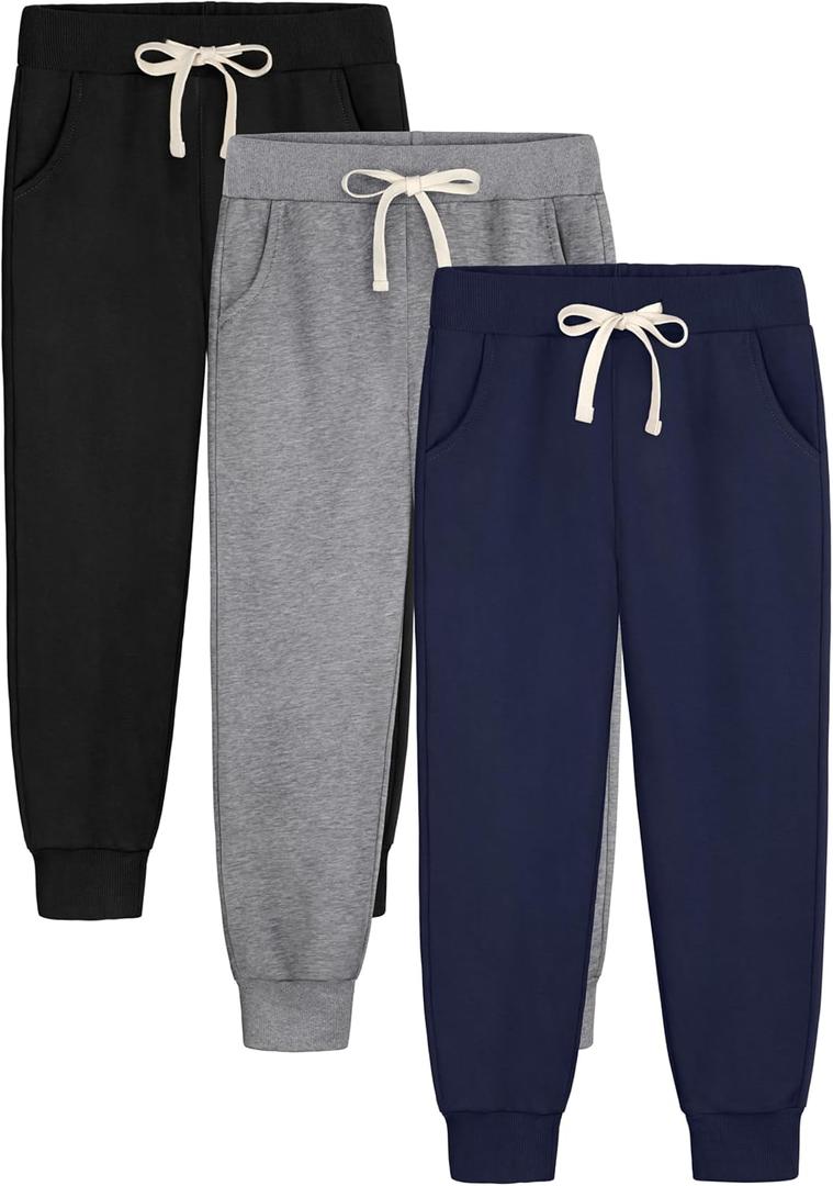 3 Pack Girls Sweatpants Joggers Cotton Athletic Pants Kids Youth Joggers Pants with Pocket Drawstring 5-16Y (Medium, Gray, Black, Navy)