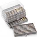 SPAKOWN Ring Box Display Holder, Clear Velvet Jewelry Storage Tray Organizer for Ring Stud Earring (Grey - 5 Drawers)