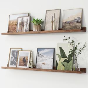 Picture Ledge Shelf, Floating Shelves Set of 2, 48 Inches Long Large Nursery Book Shelves for Toys Storage, Kids Bookshelf Wall Mounted for Living Room Bedroom Decor Books Photo Frames, Walnut