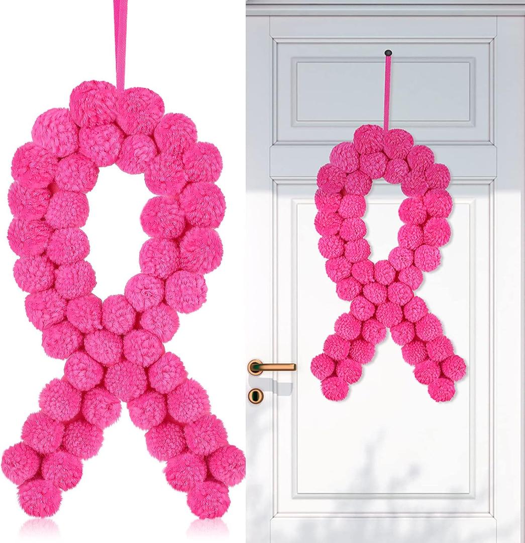2 Pcs Pink 13 Inches Breast Cancer Awareness Ribbons Sign Decor Felt Pom Pom Ribbons Wreath Felt Ball Wreath for Front Door Indoor Outdoor Walls and Windows Survivor Support Party Supply