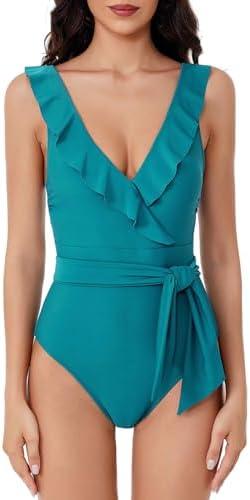 BCA by Rebecca Virtue Women's Standard Kelly Ruffle One Piece Swimsuit, Plunge V-Neck, Bathing Suits, XS