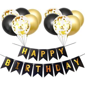 3 x Happy Birthday Decorations Banner and Balloons, Happy Birthday Banner Sign Party Supplies Hanging Decorations Black Gold