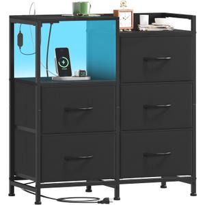 Somdot Black Nightstand with Charging Station and LED Light, Wide 5 Drawers Dresser for Bedroom with Fabric Bins and Open Shelf for Bedroom Kids Closet Dorm Guest Room, Black