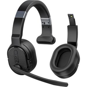 COSMUSIS Trucker Bluetooth Headset, Wireless Headsets with Noise Cancelling Microphone, Long Battery Life Bluetooth Headphones with Detachable Earpad/Single+Dual Mode for Office/Driving/Home (Black)