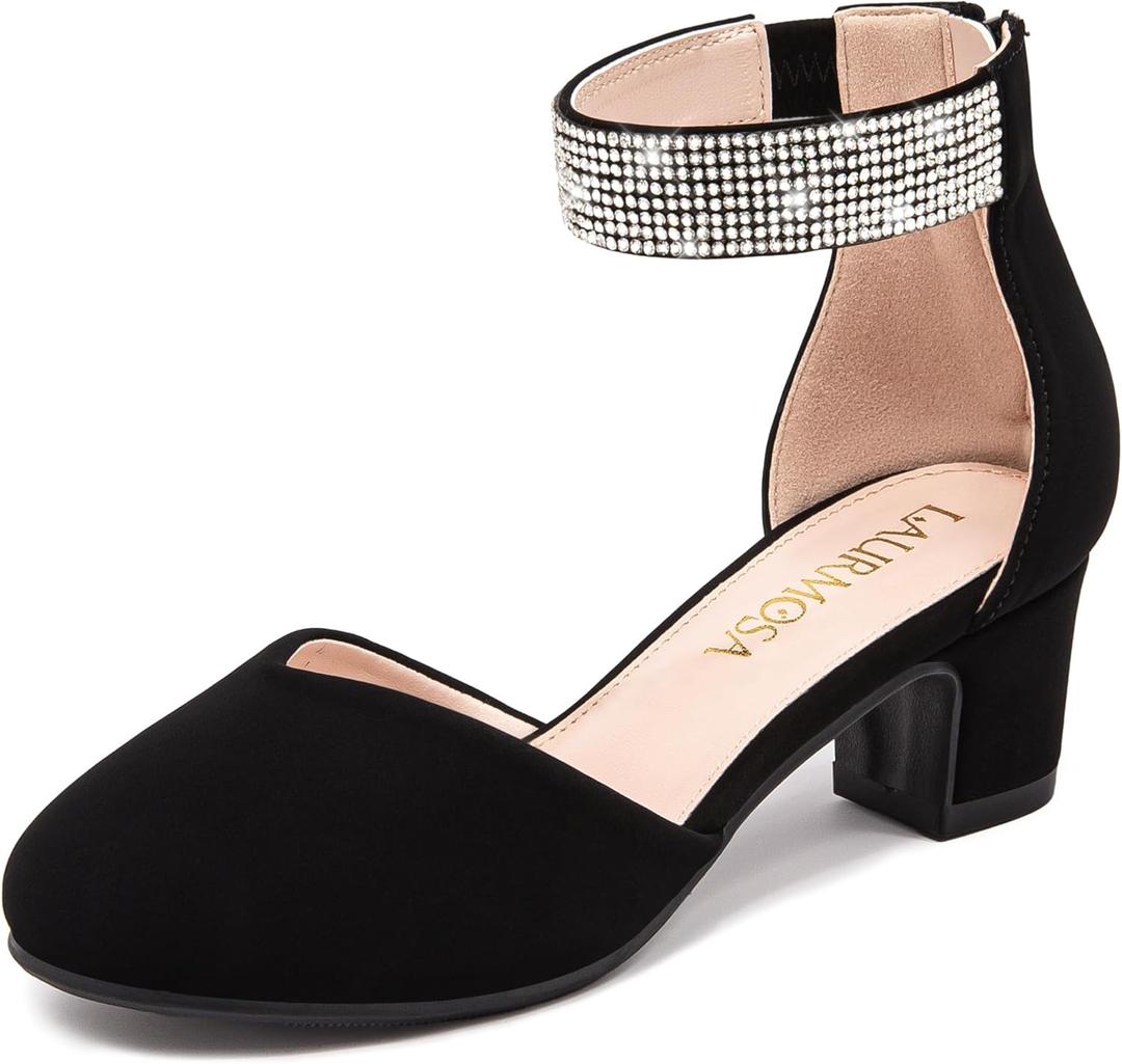 Girls Dress Shoes with Rhinestone Ankle Strap Closed Toe High Heels for Little Big Kids Wedding Party (Nubuck Black)
