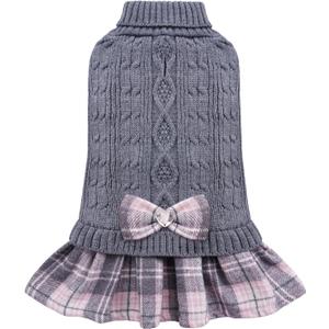YUDODO Dog Sweater Dress for Small Dogs Girl with Bowtie Winter Warm Dog Turtleneck Sweater with Leash Hole Soft Puppy Knitwear Clothes Cute Doggie Dresses for Yorkie Chihuahua (Grey-Pink, M) (Medium (9-15 lbs))