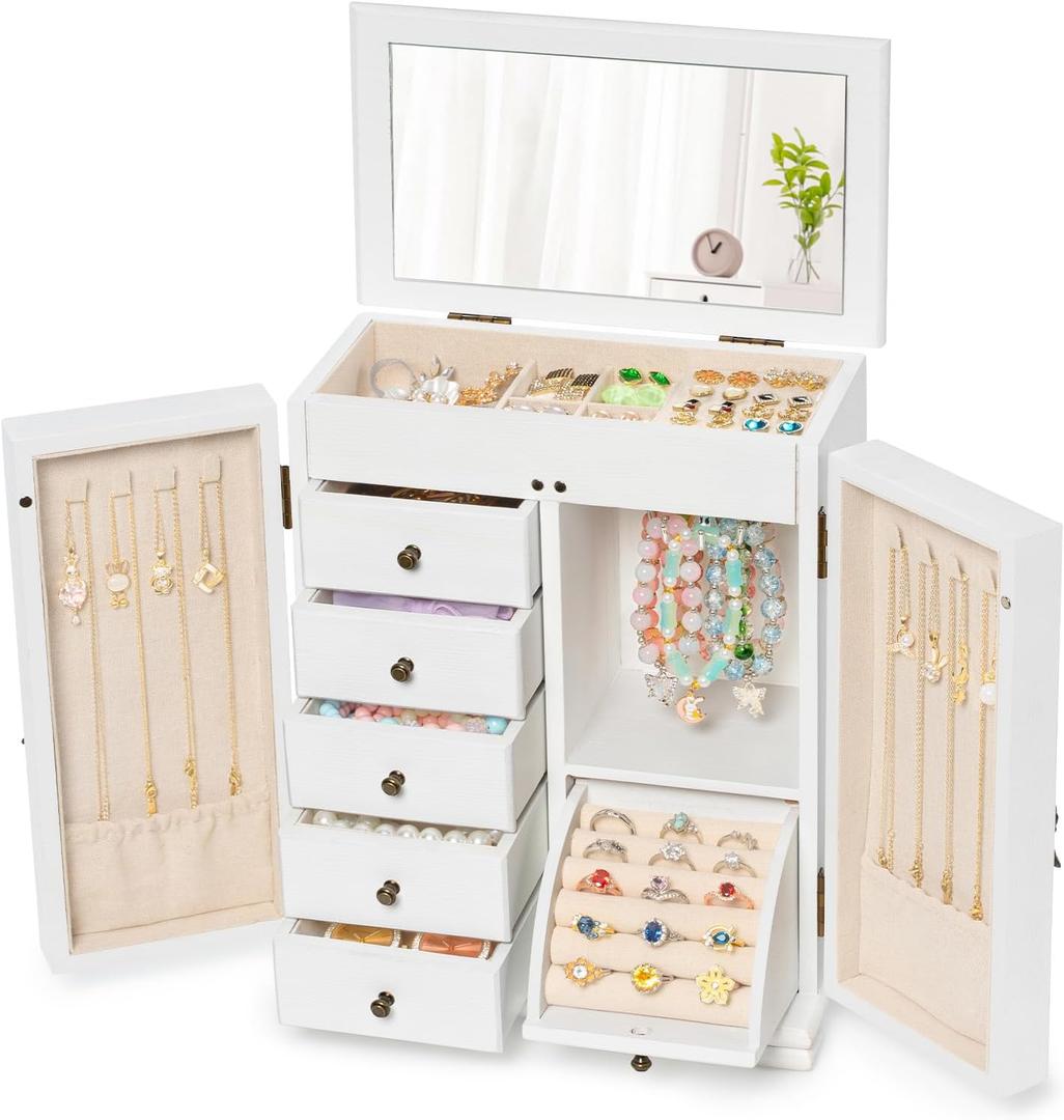 Jewelry Box Organizer, Farmhouse Wooden Jewelry Boxes for Women Girls, 6 Layer Jewelry Case Storage with Bracelet Holder Display Hooks for Necklaces Earrings Rings Bracelets (Weathered White)