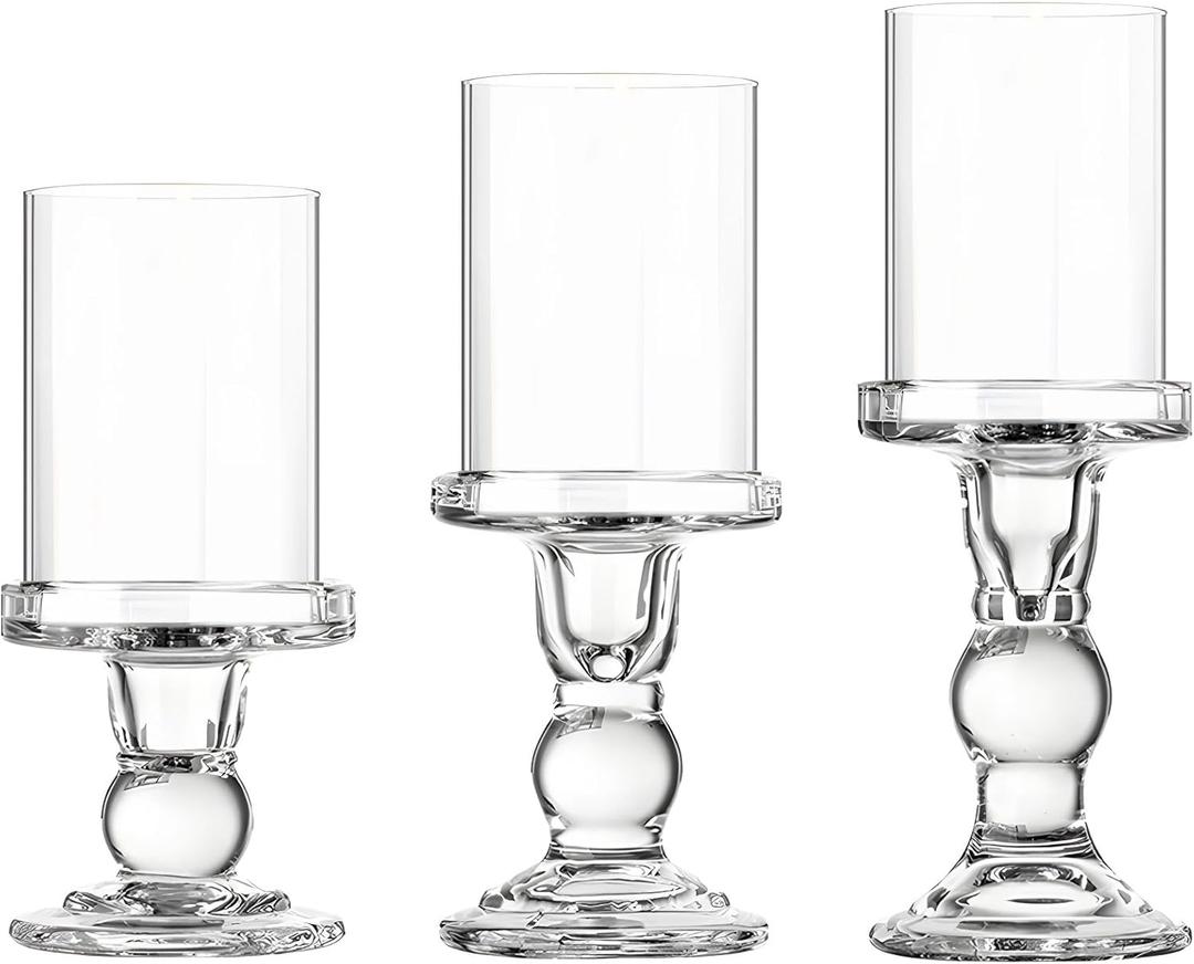 3 Pcs Modern Crystal Glass Hurricane Candle Holders Set, Elegant Roman Column Style with Windproof Glass Shades, Ideal for Pillar Candles, Wedding & Home Dcor