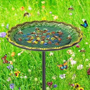 Bee Butterflies Watering Station, Standing Bee Feeder with Glass Marbles for Outside, Bee Bath Feeder with Metal Stakes Butterfly Puddler Garden Yard Dco (Green)