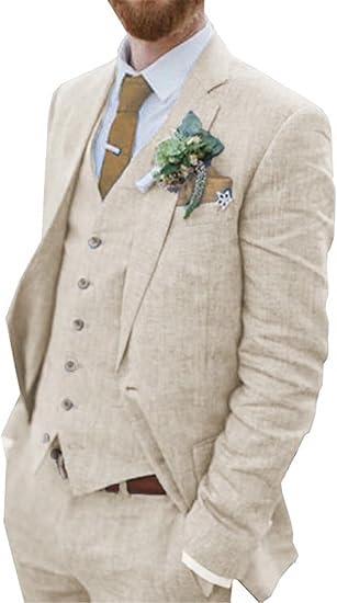 Wehilion Retro Linen Men Suit Beach Wedding Suit Summer Slim Fit 3 Pieces Light Weight Linen Suit Jacket Vest Pant
, L