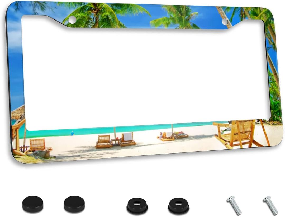 Personalized License Plate Frame Stainless Steel Hawaiian Seaside Palm Trees License Plate Holder Accessory Decorative 2 Holes and Screws Fits US Standard License Plates 12.2 x 6.3 in for Men Women