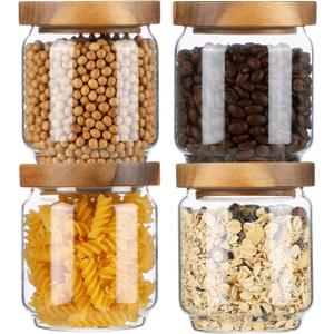 Glass Storage Containers Set of 4, 15 FL OZ High Borosilicate Glass Jars Kitchen Food Canisters with Acacia Wood Lids for Coffee Beans/Sugar/Tea/Nuts