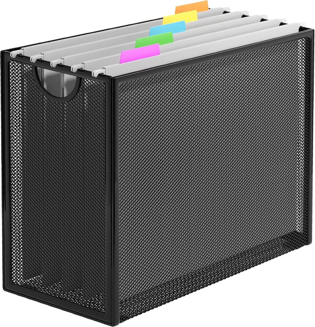 Hanging File Organizer, Letter-Size File Holder with 5 Folders, Modern Metal Mesh Storage Basket, Black and Grey, 12.2 x 9.45 x 5.45 inches