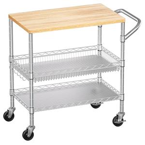 WDT 3 Tier Rolling Kitchen Carts with Wheels, Heavy Duty Rolling Utility Cart with Wood Tabletop, Commercial Grade Metal Cart with Handle and Hooks, NSF Storage Serving Island Carts, Light Wood+Metal