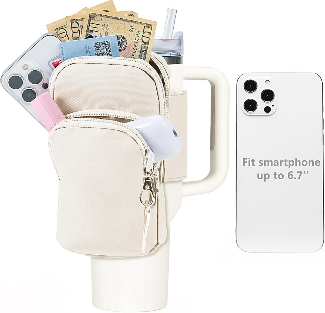 SUITMAT Water Bottle Pouch for Stanley Quencher Series Tumbler, Large Pouch Bag for Stanley Cup Accessories, Cup Backpack with Multiple Pockets for Phone, Cards, Keys (Bag Only) (Cream)