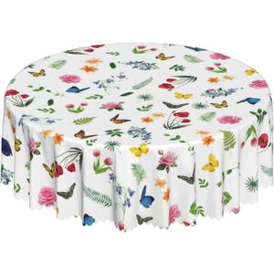 Oil-Resistant Waterproof Tablecloth - 60 Inch Round Colorful Floral Butterfly Print, Washable Polyester Table Cover for Kitchen Dining, Outdoor Picnic, Party & Home Decor