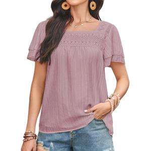 Falechay Summer Tops Short Sleeve Pink Tunic Tops for Women Lace Boho Womens Shirts Square Neck Womens Blouses Loose Peasant Clothing XL