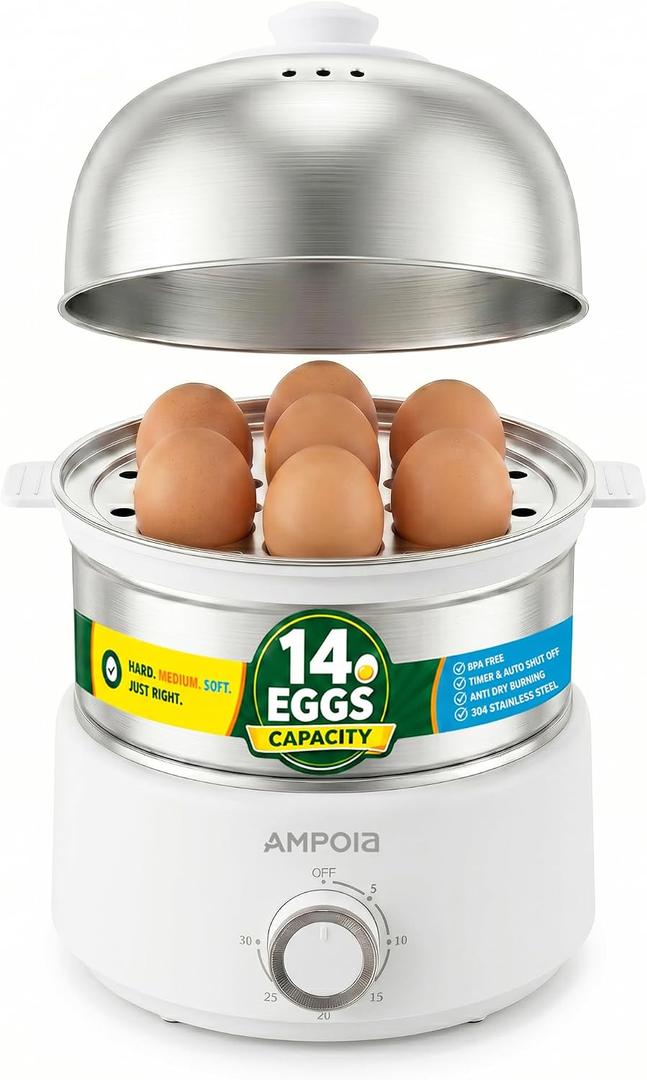 14 Eggs Electric Egg Cooker, 350W Rapid Egg Boiler with 30-Min Timer & Auto Shut-Off, Stainless Steel, Dishwasher Safe for Soft, Medium, Hard Boiled, Steamed Eggs, Vegetables & Seafood, White