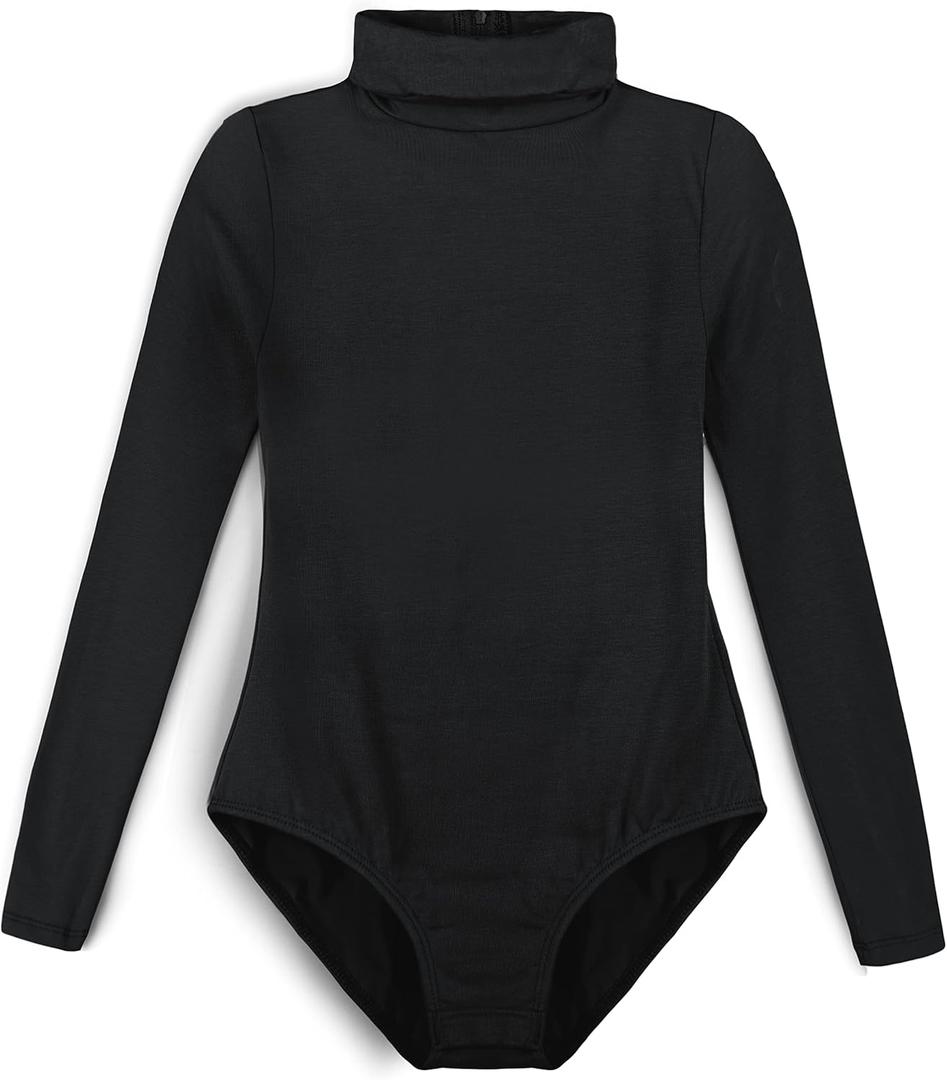 Girls' Team Basic Turtleneck Long Sleeve Leotard with Durable Snaps, Front Lining, Zipper Back (10-12 Years, Black)