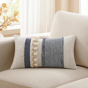 Kevin Textile 12x20 Inch Lumbar Throw Pillow Cover 1 Pack Boho Decorative Cotton Thread Woven Textured Tassel Rustic Farmhouse Rectangle Cushion Cover for Couch Sofa Chair Bed, Blue