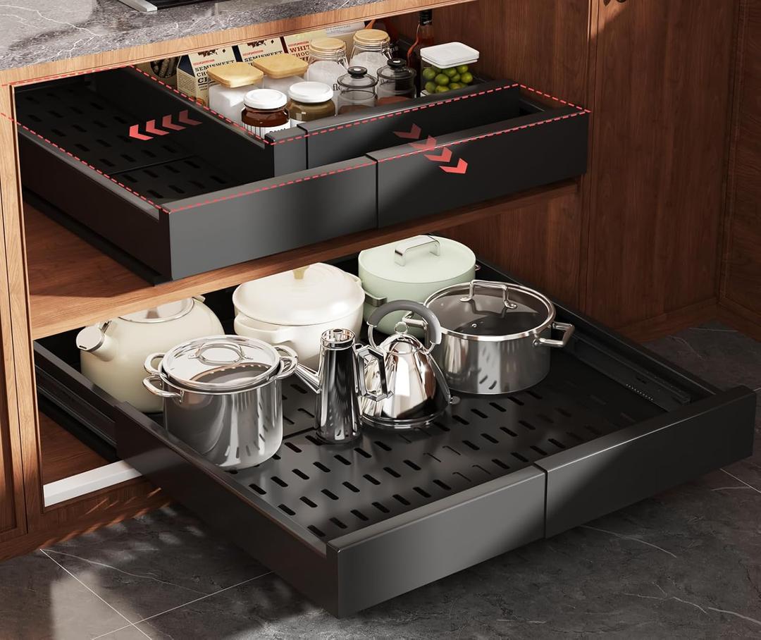 2 Pack Pull Out Cabinet Organizer Expandable Width(13"-21") and Depth(17"-24"),Slide Out Drawers With Raising Pad for Framed Cabinets,No Drill Roll Out Shelves for kitchen,Bathroom,Black