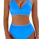 BMJL Women's Bikini Sets V Neck High Waisted Swimsuits Shell Stitched Cheeky Two Piece Bathing Suit (Medium, Blue039)