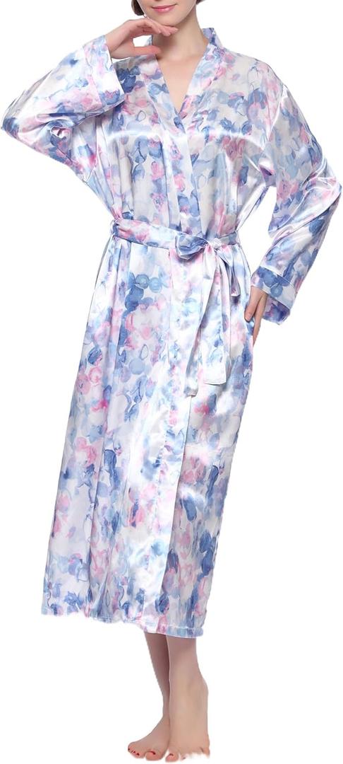 Lavenderi Women's Satin Kimono Robe - Long Classic Satin Lounge Bathrobe (Large, Blue Floral Print)