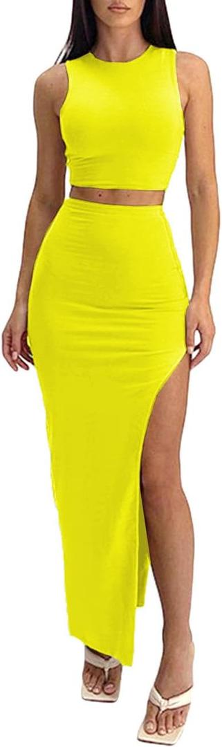 TOPONSKY Women's 2 Piece Crew Neck Sleeveless Tank Top Bodycon Slit Long Skirt Outfits Dress Set (Yellow)