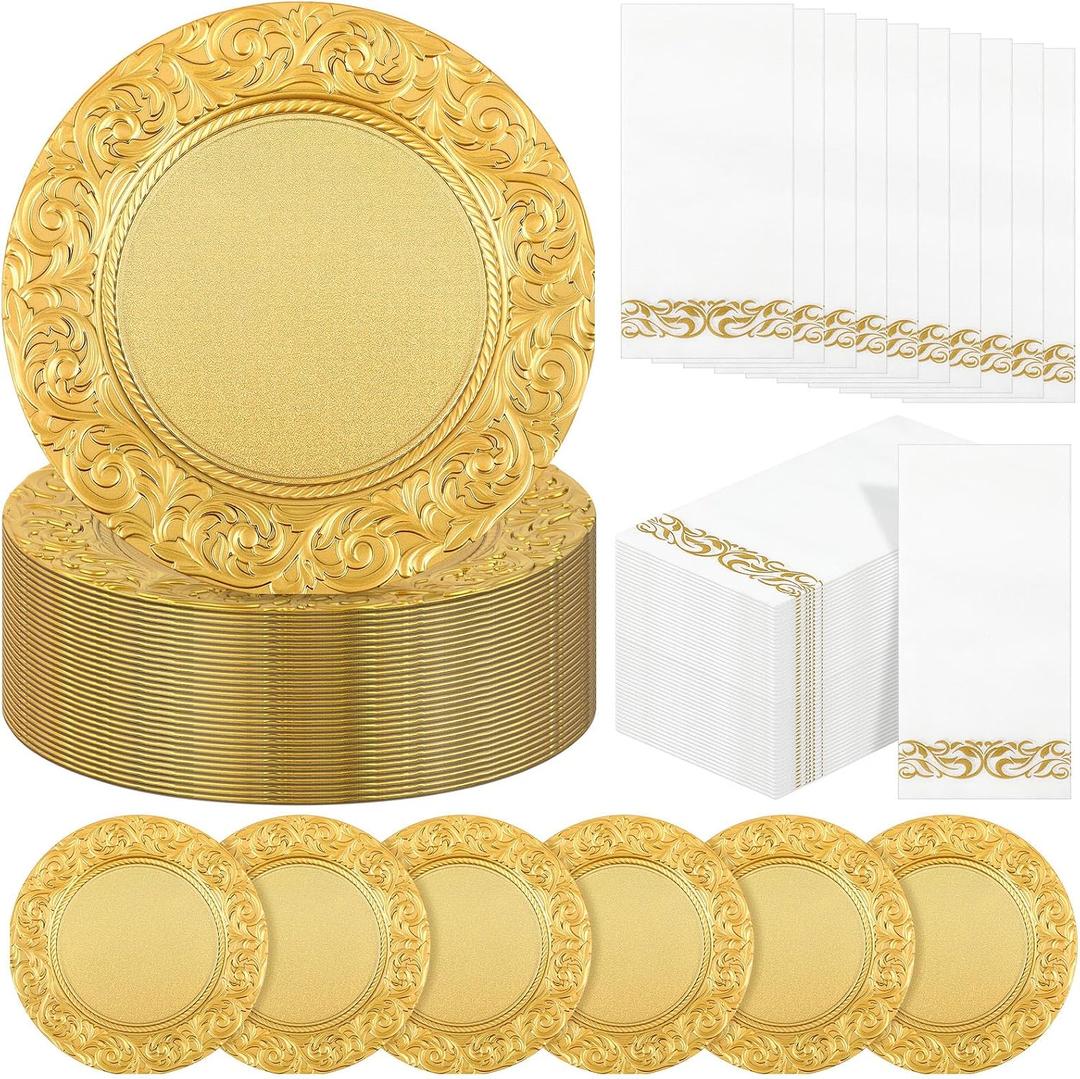 FoldTier 50 Set Antique Charger Plates with Napkins Set 13 Inch Plastic Round Chargers Bulk Embossed Rim Dinner Plates Elegant Guest Towels for Wedding Party Event Table Decoration Setting (Gold)