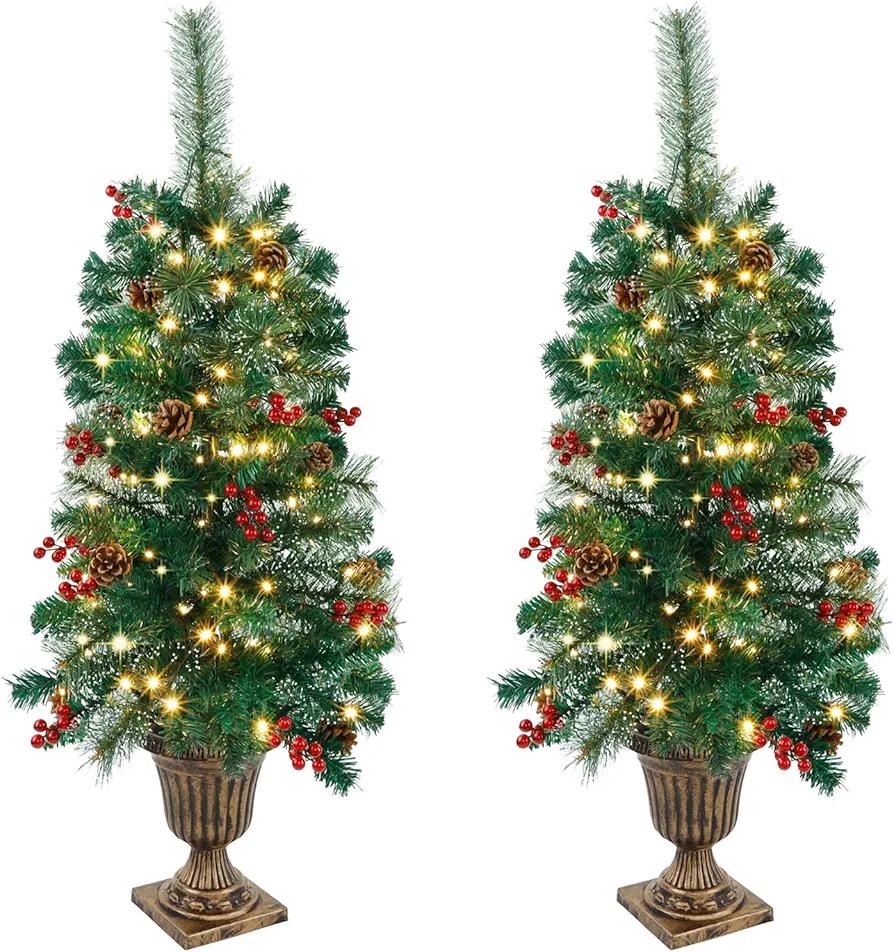 Juegoal 2 Pack Christmas Tree, 3 FT Pre-Lit Artificial Crestwood Spruce Entrance Trees in Gold Urn Base with 100 LEDs Lights, Pine Cones, Red Berries for Front Door, Porch, Entryway Xmas Decorations