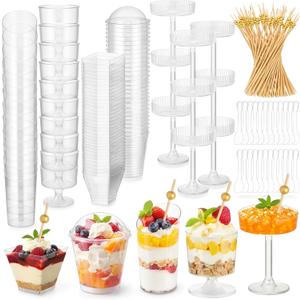150 Pcs Plastic Dessert Cups with Spoons and Toothpicks, 2 to 7 oz 5 Styles Clear Mini Appetizer Cups Disposable for Serving Fruit Trifle Ice Cream Pudding Weddings Party(Clear, Elegant)