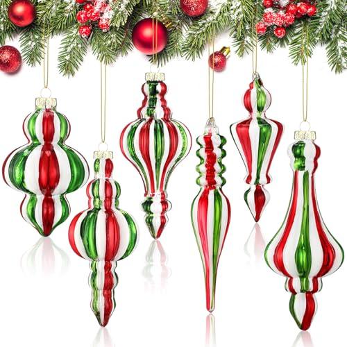 Soaoo 6 Pcs 6.3 Inch Red and Green Mercury Glass Finial Christmas Ornaments Hanging Christmas Finials Glass Ornaments Assorted Mercury Decor for Xmas Tree Vintage Holiday Decoration(Novel)