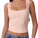 QINSEN Women's Lace Trim Square Neck Sleeveless Double-Layer Tank Top, Pink, Small