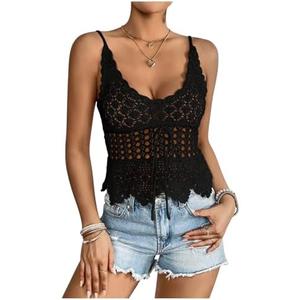 OYOANGLE Women's Scoop Neck Hollow Out Cami Tops Sleeveless Asymmetrical Tie Front Crochet Top, M