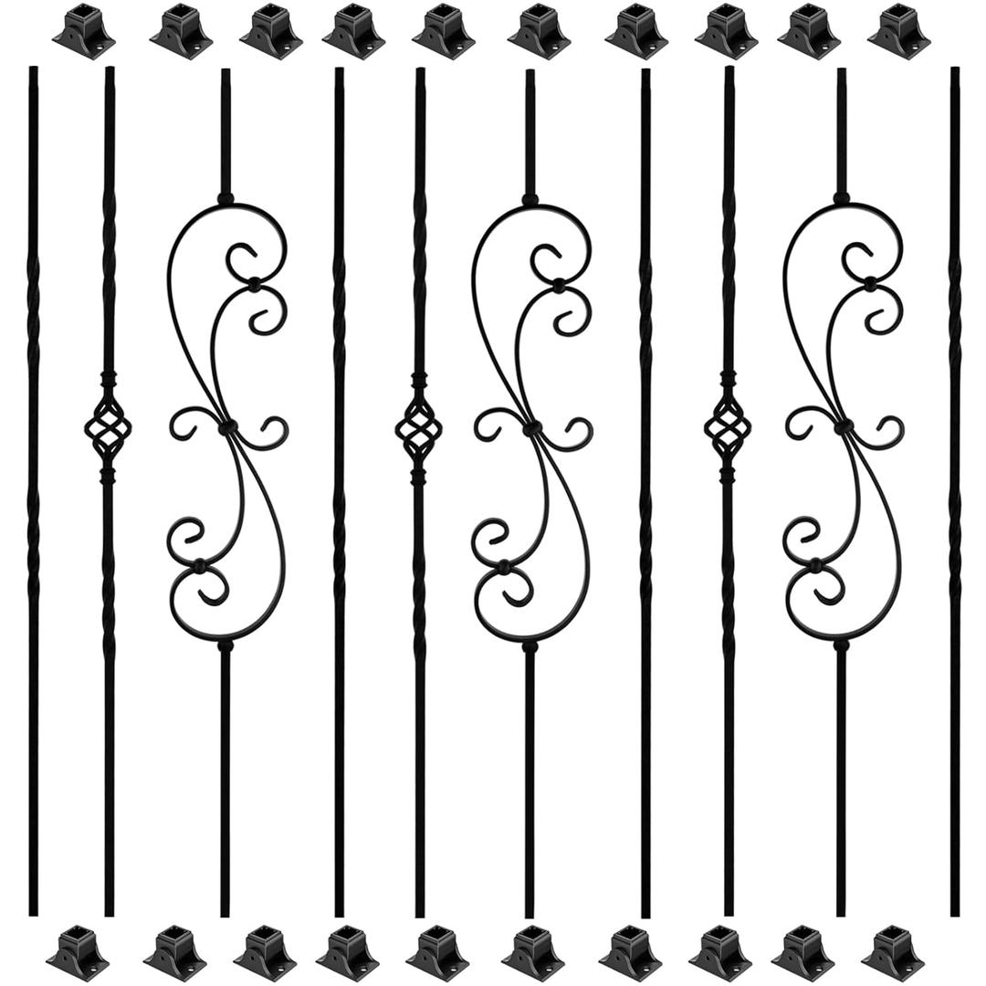 10 Pack Wrought Iron Balusters, 44" Balusters for Staircase Interior, Decorative Metal Stair Spindles with 20 Fixed Swivel Shoes, Satin Black