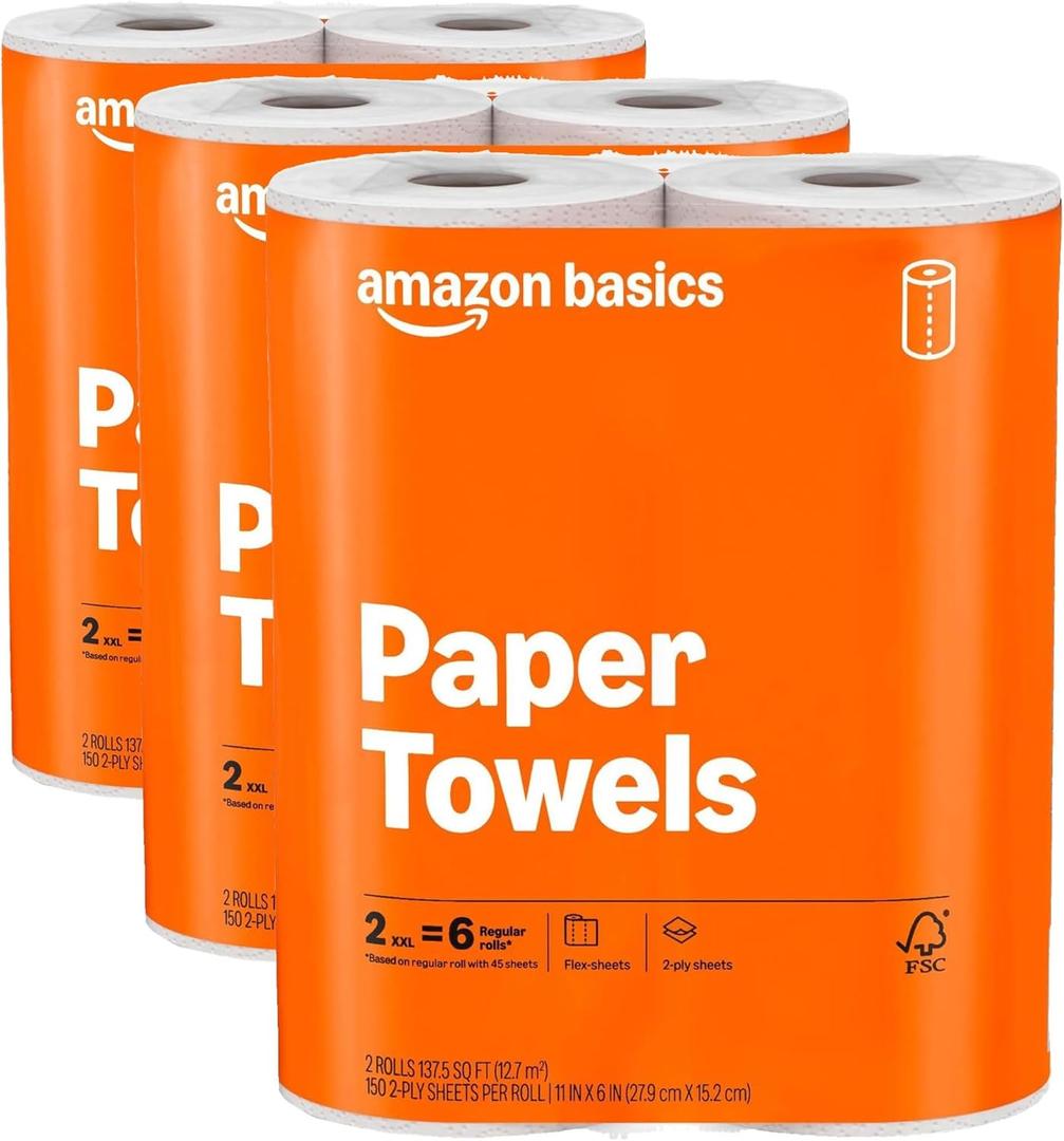 Amazon Basics 2-Ply Flex-Sheets Paper Towels, 6 Rolls = 20 Regular Rolls, 150 Sheets per Roll, Everyday Value