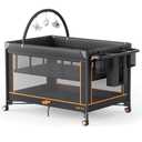 Pamo Babe Pack and Play - Travel Crib with Mattress, Easy Setup Small Portable Playpen for Babies, Lightweight Foldable Baby Playard with Lockable Wheels, Toy Arch & Large Storage Bag - Black